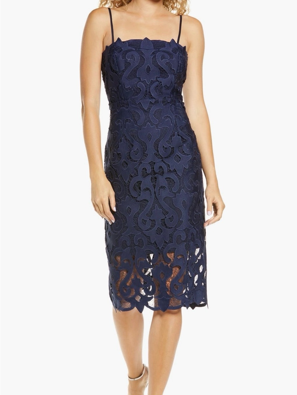 Bardot Navy Lace Midi Dress with Spaghetti Straps